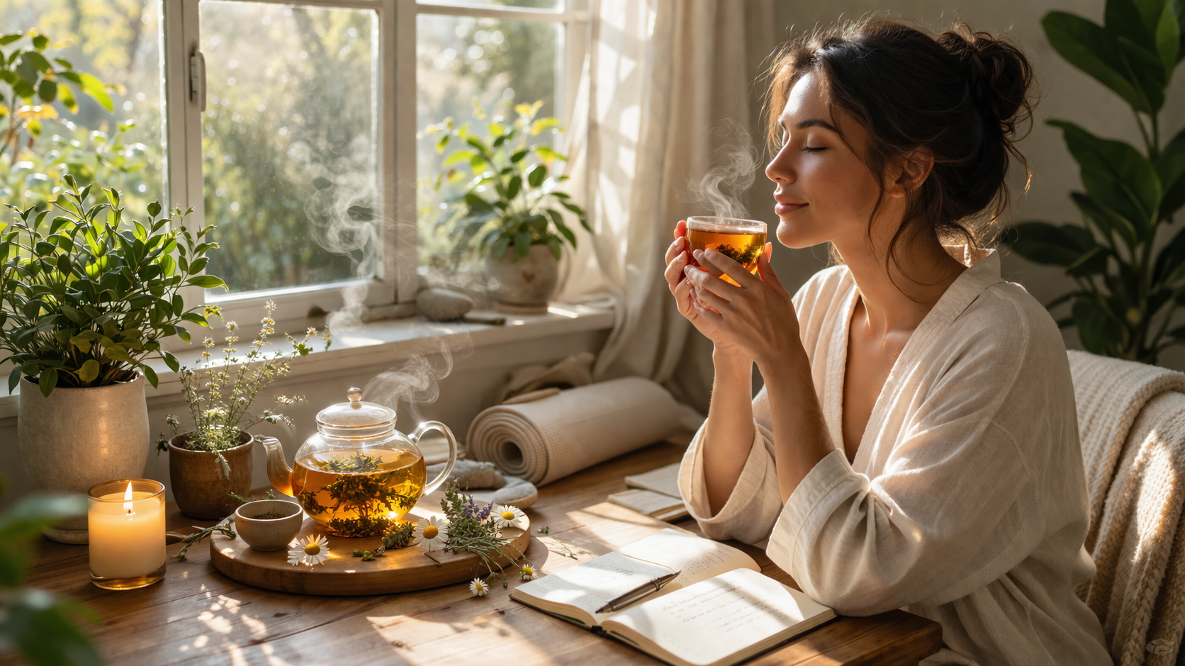 Peaceful morning routine with herbal tea and natural light streaming through window, calm and balanced lifestyle