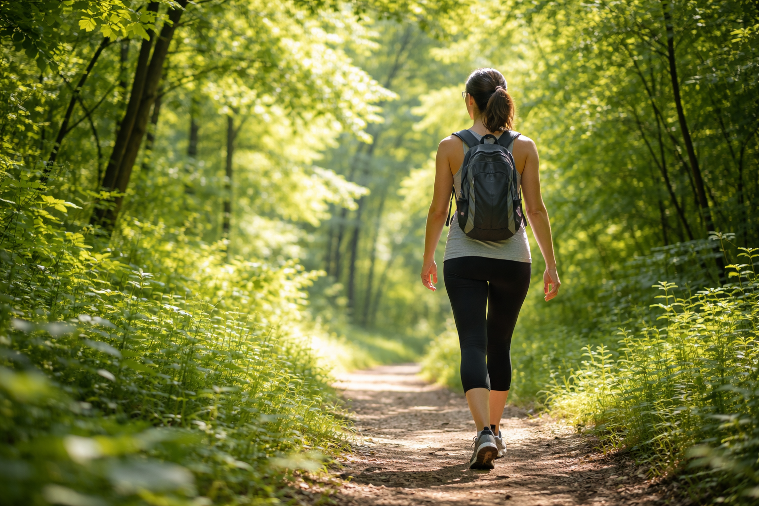 Person walking in nature surrounded by green trees, outdoor exercise and fresh air, wellness lifestyle